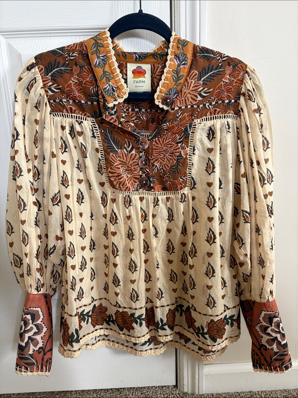 FARM Rio Cream & Rust Floral Boho Peasant Blouse